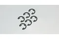 Six small metal E-clips arranged on a plain white background.