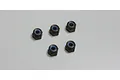 Five black steel 3mm nyloc nuts with blue nylon inserts arranged on a plain white surface.