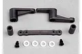 Traxxas T-Maxx steering bellcrank and drag link assembly set including plastic arms, spacers, washers, and screws on a grey background.