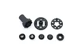 A set of black plastic RC differential gears and components arranged on a white background.