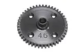 A black Kyosho 46T 1Mod spur gear for RC vehicles, featuring a central hub and four mounting holes, isolated on a white background.