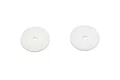 Two white circular RC shock pistons with six small holes and a central shaft hole, isolated on a white background.