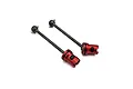 Two Kyosho RC touring car long drive shafts featuring black metal shafts and red anodized aluminum wheel hex hubs.