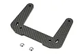 Kyosho Ultima carbon fiber front shock tower with two small metal washers on a white background.