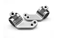 A pair of grey aluminium steering hubs for an RC car, shown from a high angle against a white background.