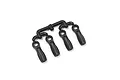 A set of four black plastic RC rod ends still attached to their original injection molding sprue tree on a white background.