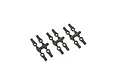 Three plastic sprues each containing four black RC rod ends on a white background.