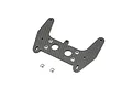 A carbon fiber rear shock tower for a Kyosho RC car, shown with two small metal washers on a white background.