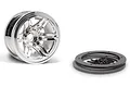 A chrome-finished 2.2-inch beadlock wheel rim for an RC crawler, shown with its black beadlock rings and mounting screws on a white background.