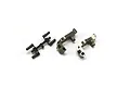 Kyosho gunmetal aluminium front hub carriers and a small plastic parts tree on a white background.