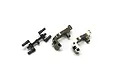 Kyosho gunmetal aluminium front hub carriers and a small black plastic parts tree on a white background.