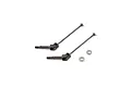Two Losi front CVD drive shafts and two small metal washers on a white background.