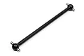 A black metal RC centre drive shaft with universal joint pins at both ends, isolated on a white background.