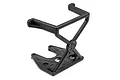A black plastic rear bumper for an HPI Racing RC vehicle, featuring a cage-like design with a central circular logo.