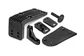 A set of black plastic RC car chassis brackets and mounts from HPI Racing, including ribbed plates, a corner brace, and a body post.