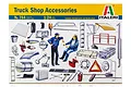 Italeri 1/24 scale Truck Shop Accessories model kit box art showing various miniature truck parts, tools, and two figures.