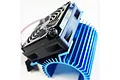 A blue anodized aluminium motor heat sink with a black cooling fan attached, viewed from an angle against a white background.