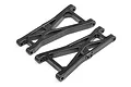 Two black plastic front suspension arms for an HPI Racing RC vehicle, shown from an angled top-down perspective on a white background.