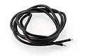 A coiled length of black 14AWG silicone-insulated electrical wire with exposed tinned copper ends against a white background.