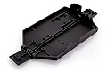 A black plastic main chassis component for a 1/16 scale UDI RC vehicle, shown from a high-angle studio perspective.