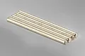 Four identical silver-colored metal suspension pins arranged in a parallel row against a neutral grey background.