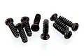 A set of eight small black metal coarse thread binder head screws for RC models, arranged on a white background.