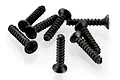 A small pile of black metal countersunk screws with coarse threads and Phillips heads.