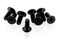 A group of eight black metal countersunk Phillips head screws arranged on a white background.
