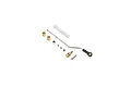 Pro Boat Zelos 48G throttle link set including a metal pushrod, brass connectors, spring, and various small fasteners on a white background.