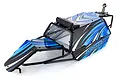 Rovan black steel roll cage for Baja RC buggy with blue and black painted panels, LED light bar, and spare tyre mount.