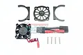 GPM Racing black aluminium motor heat sink set with cooling fan, mounting brackets, screws, and a power connector cable.