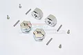 Four silver GPM Racing 14mm aluminium wheel hex adapters with pins and screws on a white background.
