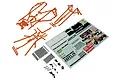 Kyosho Javelin orange roll cage body set parts, including metal plates, decal sheet, and assorted hardware on a white background.