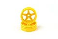 Two bright yellow five-spoke RC car rims stacked on a white background.