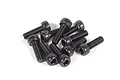 A pile of ten black metal cap head screws with hex sockets, arranged on a white background.