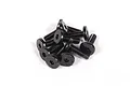 A small pile of black metal countersunk head screws with hexagonal drive sockets.