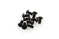 A small pile of ten black metal button head screws with hex drive sockets, isolated on a white background.