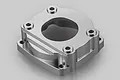 A silver-coloured metal clutch housing for an RC engine, shown from a high-angle perspective against a plain light grey background.