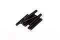 A small pile of black metal grub screws arranged on a plain white background.
