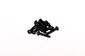 A small pile of ten black button head screws with coarse threads on a plain white background.