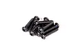 A small pile of black metal button head screws with hex drive sockets, isolated on a white background.