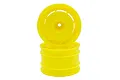 Two bright yellow RC buggy rear rims stacked vertically against a white background.