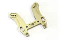 A gold-anodized aluminium front shock tower for an RC car, featuring multiple mounting holes and a machined design.