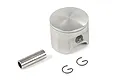 A silver metal RC engine piston with a gudgeon pin and two wire circlips on a white background.