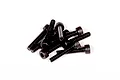 A small pile of black metal cap head screws for RC vehicles on a white background.