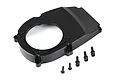 A black aluminium flywheel cover for a 71cc 2-stroke RC engine, shown with five included mounting screws on a white background.