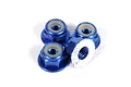 Four blue anodized aluminium flanged serrated nyloc nuts for RC vehicles, shown in a cluster on a white background.