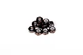 A small pile of ten black steel thin nyloc nuts with white nylon inserts, isolated on a white background.