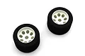 Two Kyosho RC rear foam tyres mounted on white multi-hole rims, viewed from a high angle against a white background.