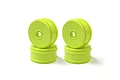 Four bright yellow Kyosho hard dish RC buggy wheels arranged in two stacks on a white background.